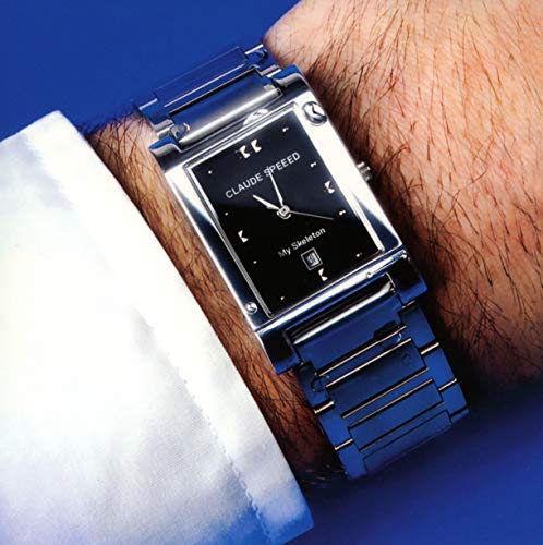 Silver wristwatch with a black face displaying a skeletal hand design.