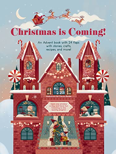 Festive illustrated Advent book cover with a Christmas village and Santa.