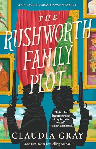 Book cover: two figures with pistols, red curtain, portraits in background.