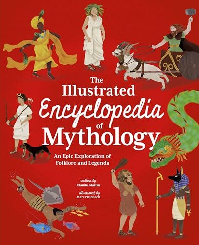 Book cover: "The Illustrated Encyclopedia of Mythology" with diverse mythological figures.