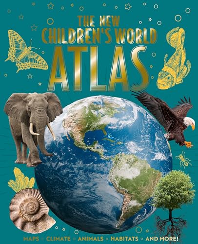 Children’s world atlas cover with globe, animals, and plants illustrated.