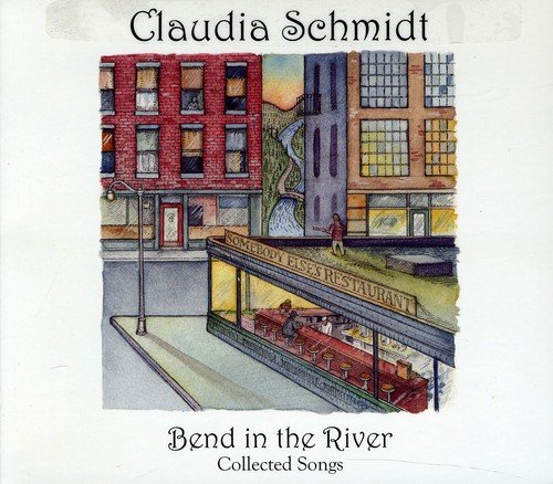 "Album cover with cityscape illustration, 'Claudia Schmidt' and 'Bend in the River' text."