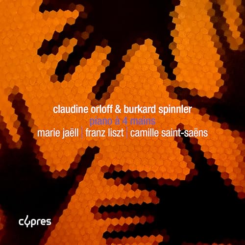CD cover with abstract orange honeycomb pattern and composer names.