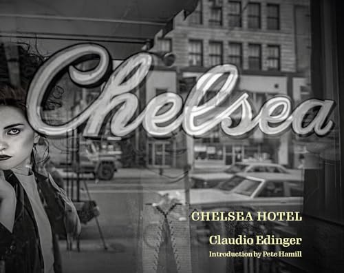 Black and white cover of "Chelsea Hotel" book with building reflection.