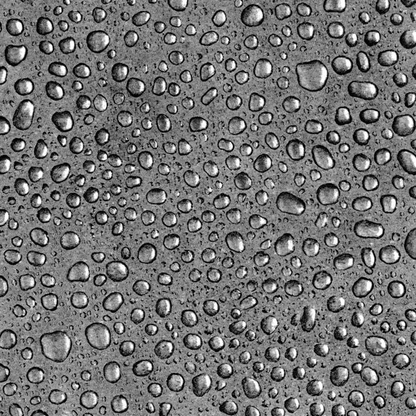Black and white close-up of numerous water droplets on a surface.