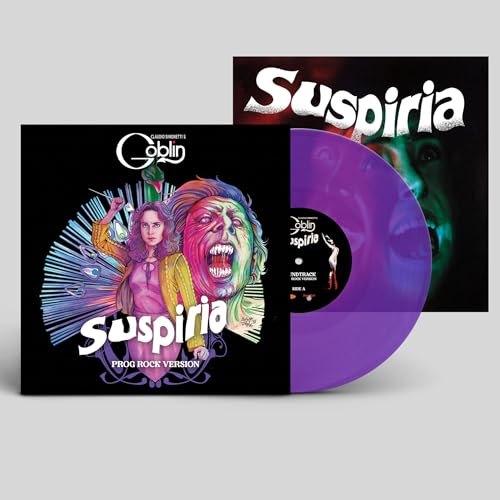 “Suspiria” soundtrack vinyl record with colorful cover art and purple disc.