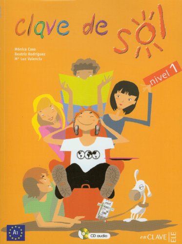 Spanish language textbook cover, “Clave de sol,” featuring children and a dog.