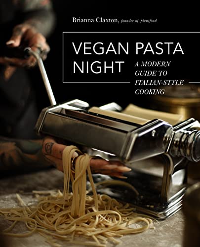 Cookbook cover featuring a pasta maker and freshly made vegan pasta.