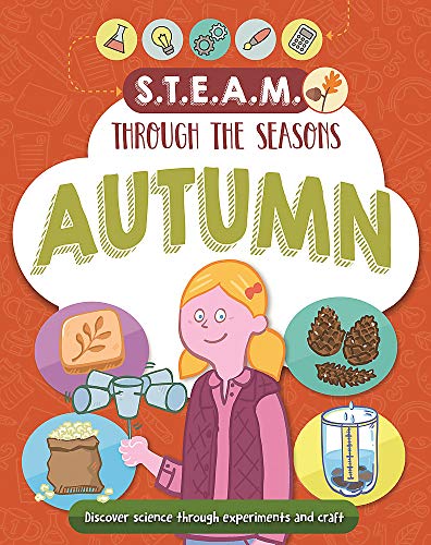 Book cover for “Autumn” with a girl, leaves, and science tools.
