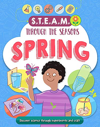 Book cover: child with butterfly, science tools, and spring theme.