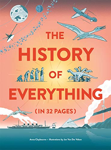 Book cover depicting evolution, dinosaurs, planes, and space against an orange background.