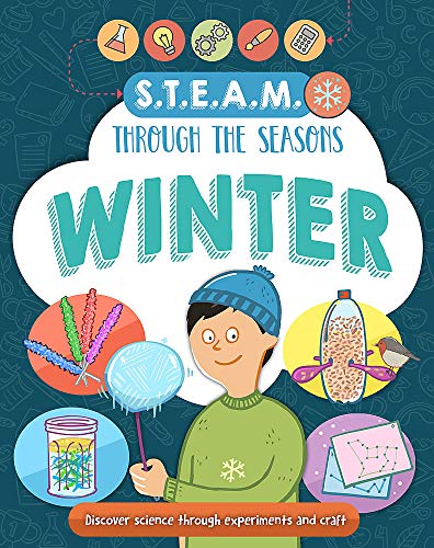 Book cover: "Winter" with a child, snowflakes, and science icons.