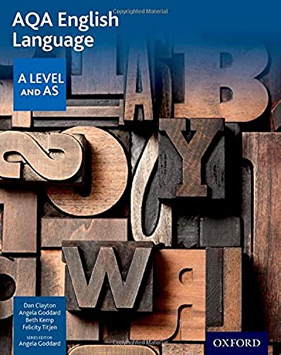 Textbook cover titled AQA English Language featuring a background of wooden letterpress blocks.