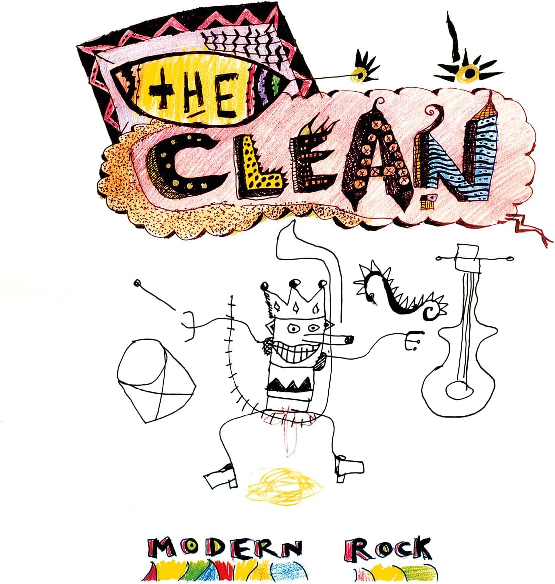 Album cover with colorful hand-drawn text The Clean, a cartoon figure, and guitar sketch.