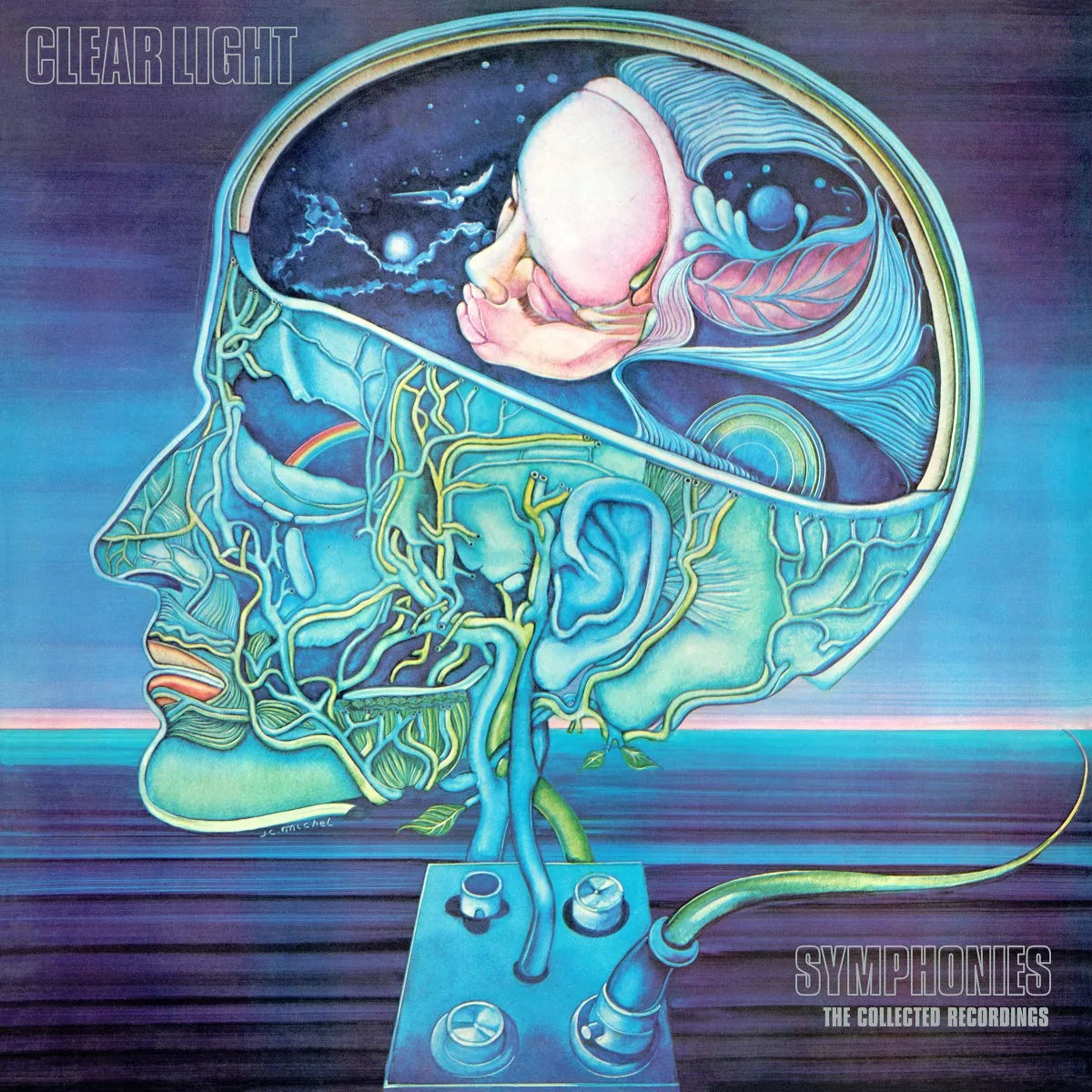 Surreal illustration of a human head with a fetus inside, connected to a console.