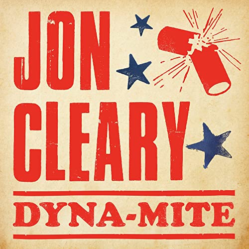 Red and blue album cover for "Jon Cleary - Dyna-Mite" with fireworks.
