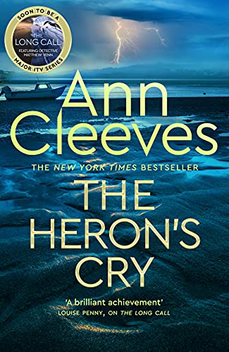 Book cover: stormy seascape with large title "The Heron's Cry" and author name.