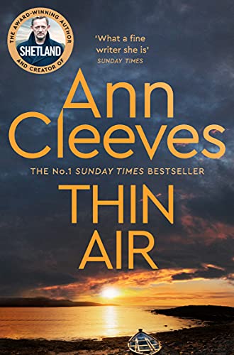 Book cover: “Thin Air” by Ann Cleeves, with stormy sky and coastline.