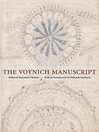 Book cover of The Voynich Manuscript featuring faded, mysterious circular diagrams and handwritten text.