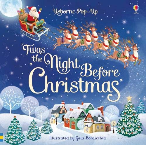 Pop-up book cover depicting Santa in a sleigh with reindeer flying over a town.