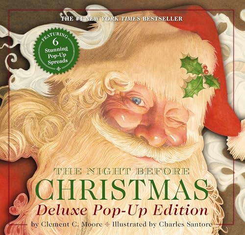 Close-up of Santa Claus’s face on the cover of a pop-up book.