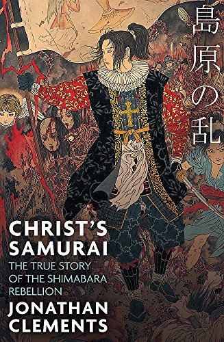 Book cover illustration of a samurai in a ruff collar holding a cross banner.