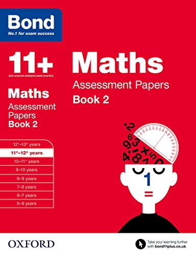 Red book cover with "11+ Maths Assessment Papers Book 2" and a brain illustration.