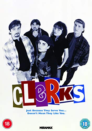 Clerks" DVD cover featuring four young adults and colorful title text.