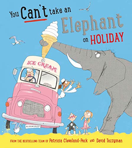 An elephant steals an ice cream cone from a pink ice cream truck.