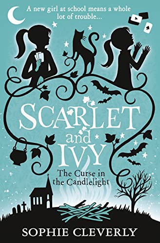 Book cover with silhouettes of girls, a cat, bats, and a spooky landscape.
