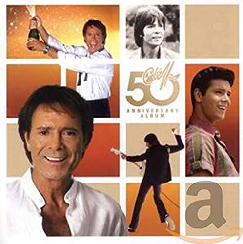 Collage of Cliff Richard photos with 50th Anniversary Album text on a grid background.