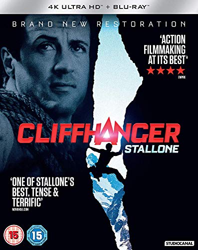 “Cliffhanger” 4K Blu-ray cover featuring Sylvester Stallone and a mountain climber.