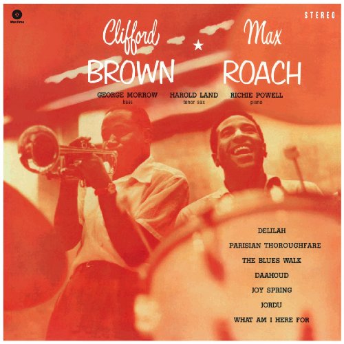 Clifford Brown and Max Roach album cover with orange-toned photo of musicians playing.