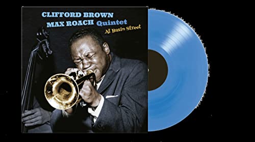 Clifford Brown playing trumpet, with a light blue vinyl record.