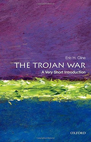 Book cover: "The Trojan War" with abstract purple, green, and blue paint.