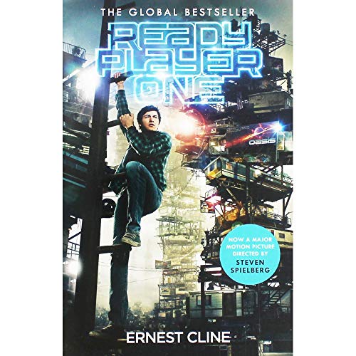 "Book cover of 'Ready Player One' with futuristic characters and a DeLorean car."