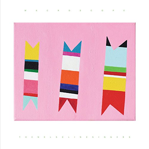 "Album cover with pink background and three colorful striped shapes, white border surrounds."