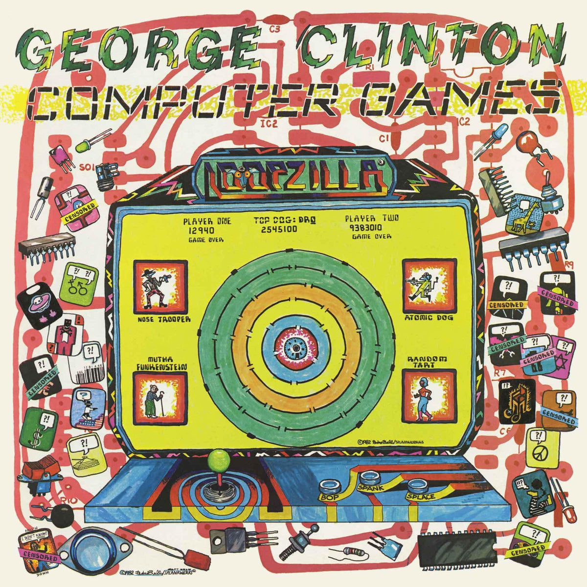 Record album cover: colorful illustration of a retro arcade game.