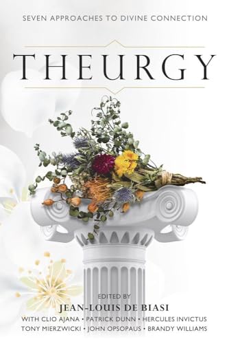 Book cover: “Theurgy” with floral arrangement on a classical column.