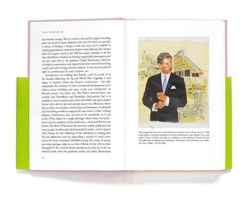 Open book displaying a portrait of King Charles III and architectural drawings.