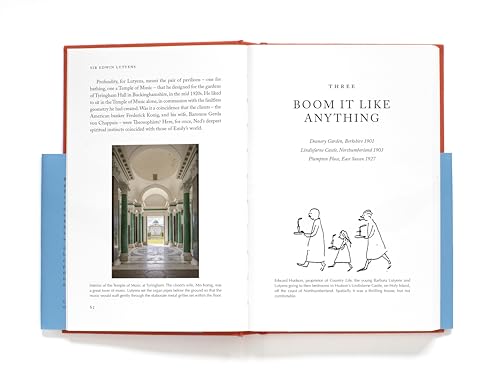 Open book showing text, a photograph of a classical interior, and a line drawing.