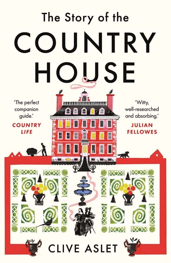 Book cover: illustrated country house with red accents and floral patterns.