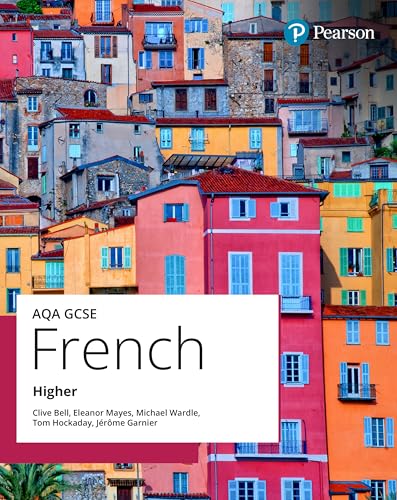 Textbook cover: “AQA GCSE French Higher” with a colorful townscape.