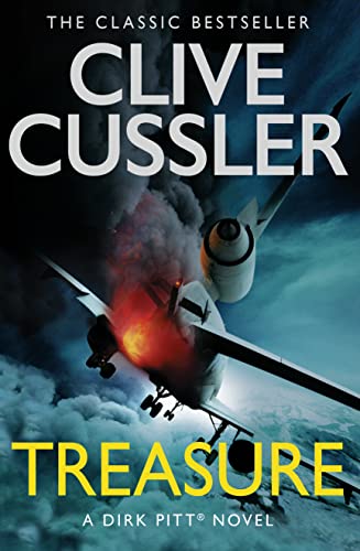 Book cover for "Treasure" by Clive Cussler, featuring a crashing airplane.