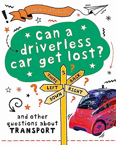 Book cover with a driverless car, directional signs, and question marks.