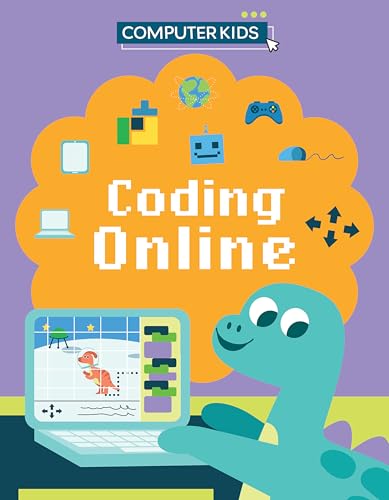 Book cover: dinosaur looking at a laptop with coding graphics.