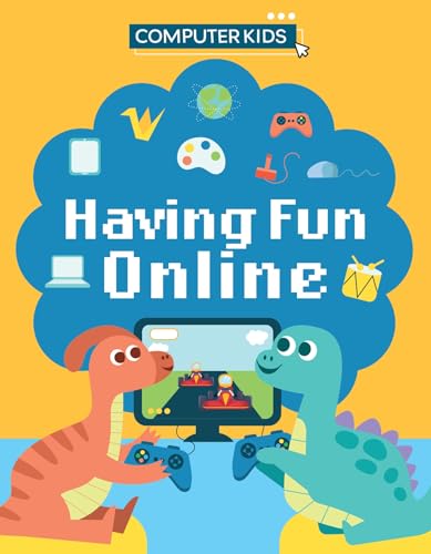 Book cover with cartoon dinosaurs playing video games online.