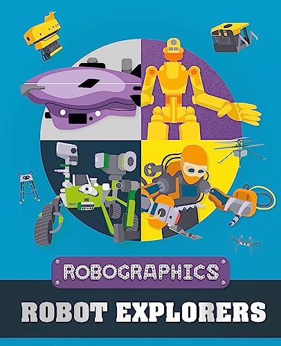 Colorful illustration of various robots exploring different environments.