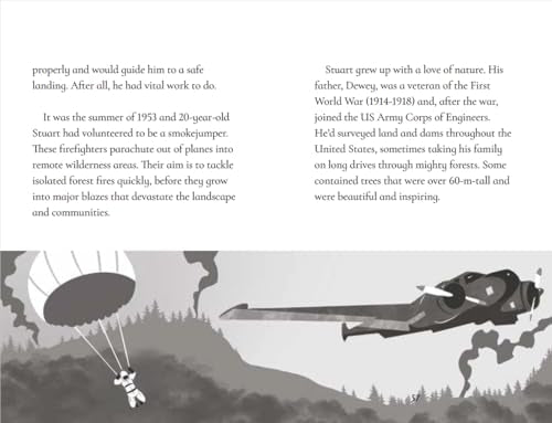 Book page illustrating a firefighter parachuting from an airplane.