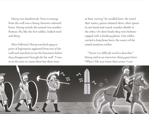 A book page showing text and a grayscale illustration of Roman soldiers and horses.